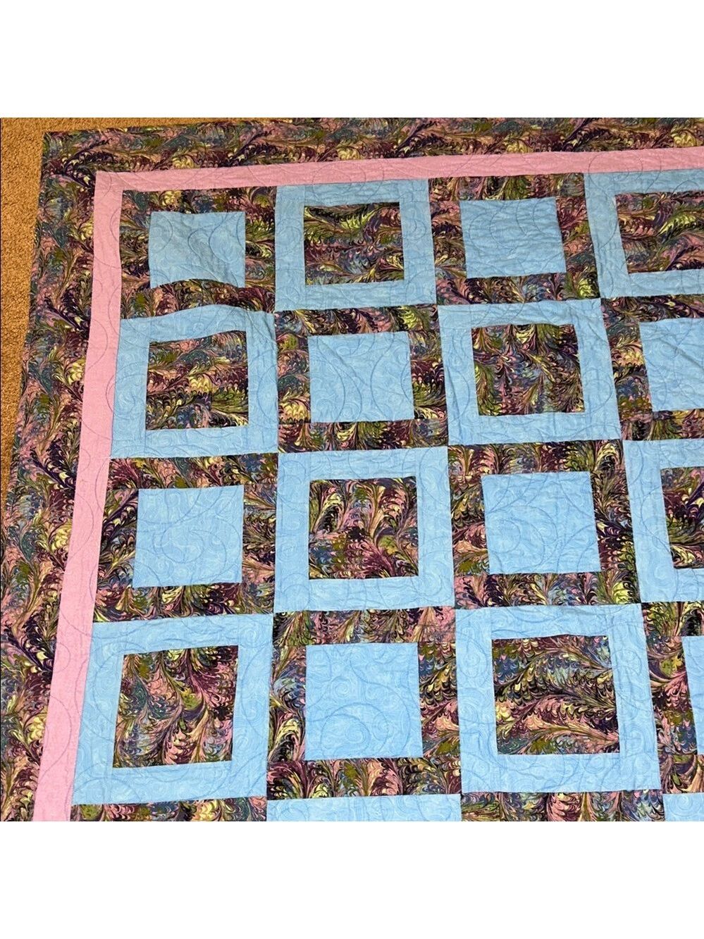 Handmade lavender and blue vintage quilt. Good condition. 60”x70”.